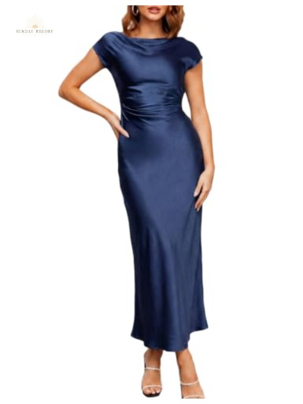 Satin Backless Midi Dress Cap Sleeve Ruched Waist Cocktail Wedding Guest